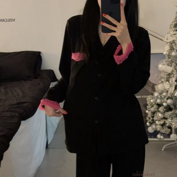 日係ins氣質黑色花邊睡衣女秋季長袖簡約少女長褲家居服兩件套裝女生長袖睡衣 女生居家休閒睡衣 女生韓係睡衣