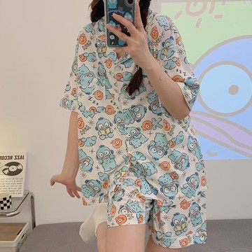 純棉睡衣女款夏季短袖短褲可愛卡通丑魚學生日系可外穿家居服套裝