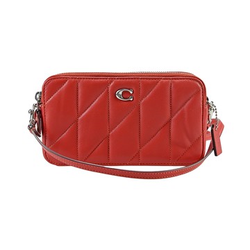 COACH 專櫃款熱情紅衍縫真皮銀色C字金屬LOGO雙層斜背/手拿兩用包