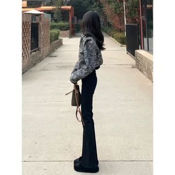 黑色修身微喇牛仔褲女春秋新款韓系高腰顯瘦顯高彈力百搭喇叭褲子