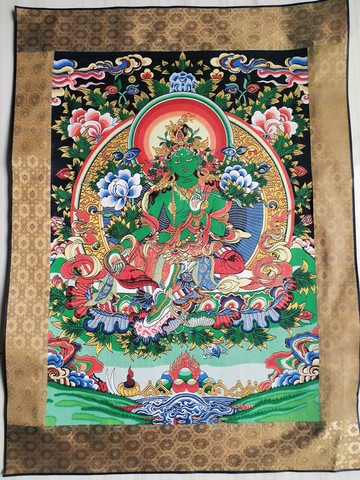 高清綠度母唐卡刺繡布料軟裱 精美掛畫 高精密綠度母佛像裝飾畫