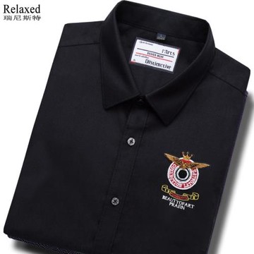 歐洲站潮流男裝襯衫純棉襯衣刺繡徽章黑色純色寸衫上衣帥氣春秋薄