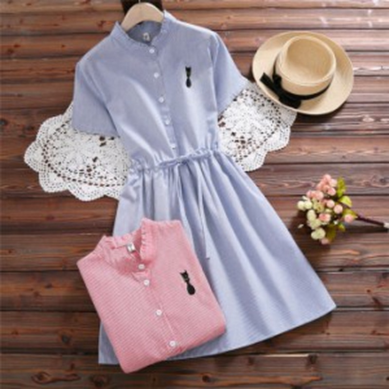 送料無料 猫柄 ワンピース シャツワンピース ネコ柄 猫刺繍 かわいい ワンピース ストライプ柄 綿麻 快適 半袖 ワンピース レディース 通 通販 Lineポイント最大1 0 Get Lineショッピング