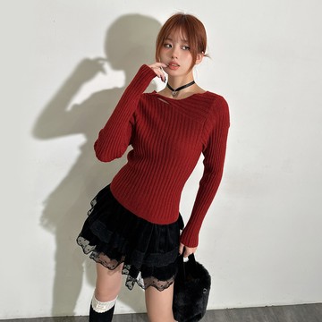 挖洞設計坑條毛衣-紅【KT224753】