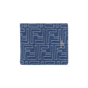 FENDI FF Logo 棉質牛仔布及皮革對開8卡短夾(單寧藍)