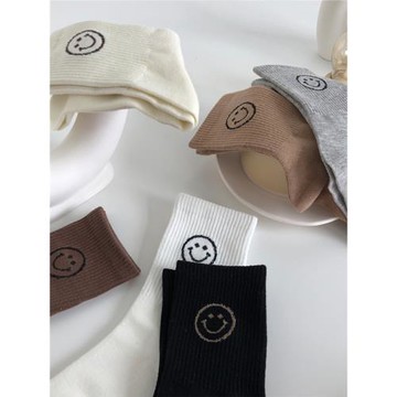 韓系棕色笑臉襪子女中筒襪女可愛純棉堆堆襪大地色系ins潮學院風