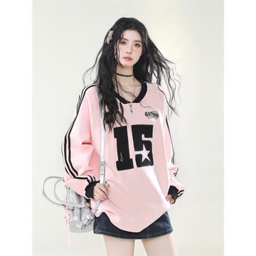 AONW美式復古運動風V領織帶衛衣女街頭寬松慵懶感長袖T恤2025秋新