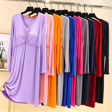 春秋冬長袖莫代爾連衣裙女帶胸墊打底裙大碼寬松休閑大擺家居裙子