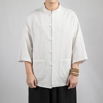 中國風男裝中式盤扣立領襯衫七分袖秋季新款亞麻唐裝寬松復古寸衣