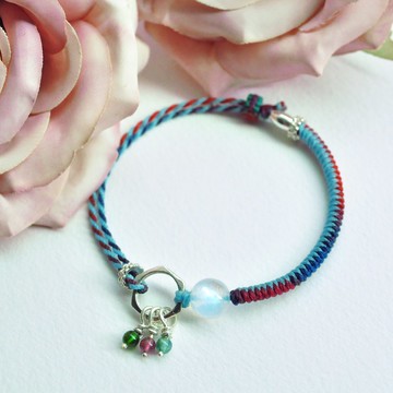 【月下】－蠟線編織－月光石 碧璽珠純銀蠟線編織手環