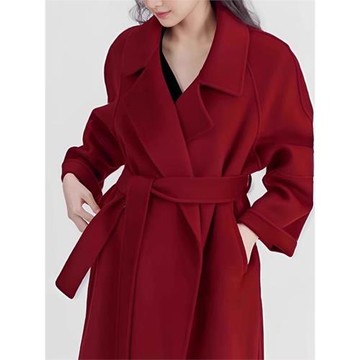 (免運)酒紅色雙面羊絨大衣女中長款系帶收腰新年過年新娘敬酒毛呢外套女