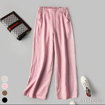【ACheter】粉紅佳人鬆緊高腰棉麻寬九分褲# 112176(現貨+預購)