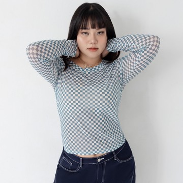 辣妹棋盤格透膚長袖上衣 MUA! 中大尺碼上衣
