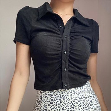 BERAN 歐美風性感胸前褶皺單排系扣純色翻領修身短袖襯衫上衣開衫
