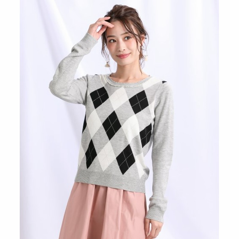 衿ビーズ装飾付前身頃ラメ入アーガイル柄ニット ニット セーター レディース Knitting Sweater 通販 Lineポイント最大get Lineショッピング