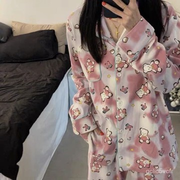 ins韓版紮染小熊睡衣女春秋新款網紅外穿學生宿捨長袖居家服套裝秋冬睡衣 可愛女士睡衣 大碼寬鬆睡衣  長袖長褲睡衣女