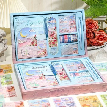【台灣出貨】小清新手賬本套裝禮盒 文藝筆記本手賬素材工具全套學生文具用品