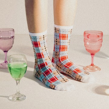 英國PAPERSELF 幾何系列｜褪色單寧-經典格紋透紗中筒襪