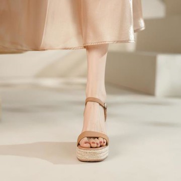 ITSK露趾草編防水臺坡跟厚底涼鞋