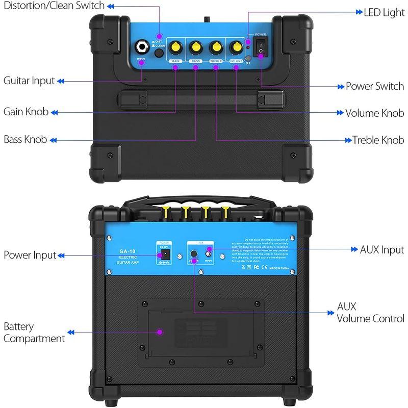 summina 10Wポータブルエレキギターアンプ BTスピーカー クリーン ディストーションモードをサポートAUXINゲインベーストレブル