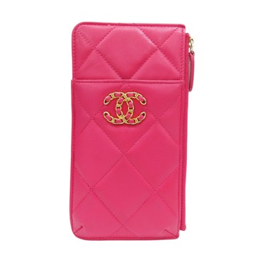 【二手名牌BRAND OFF】CHANEL 香奈兒 粉色 羊皮 菱格紋 Chanel 19 手機卡片套