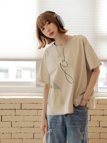 異材質撞色線條刺繡短袖上衣