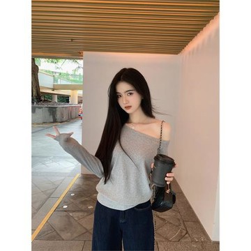 famouswang春季基礎百搭顯瘦多穿寬松斜肩一字肩長袖T恤女