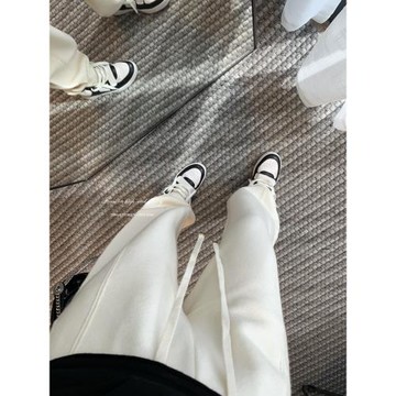 100%開司米純山羊絨高腰休閑闊腿拖地長褲子白色秋冬女士加厚直筒