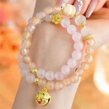 北京雍九尾狐粉瓷白瓷本命年桃花手串水晶轉運仙狐金箔財龍年手鏈