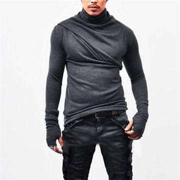 秋冬打底衫堆堆領潮男裝長袖連手套T恤男士高領修身黑上衣大碼男t