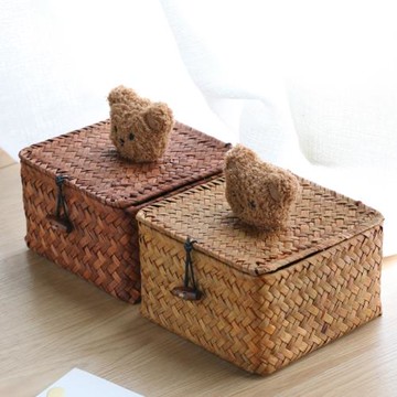 創意可愛手工禮盒桌面收納盒藤草編帶蓋防塵雜物籃伴手禮盒飾品盒