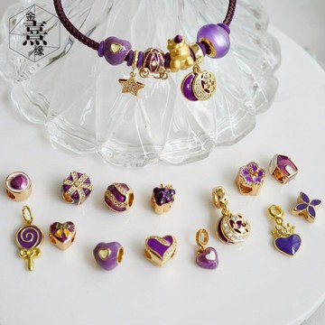 周家紫色風格3D硬金配飾DIY大孔串珠散珠路路通禮物盒愛心棒棒糖