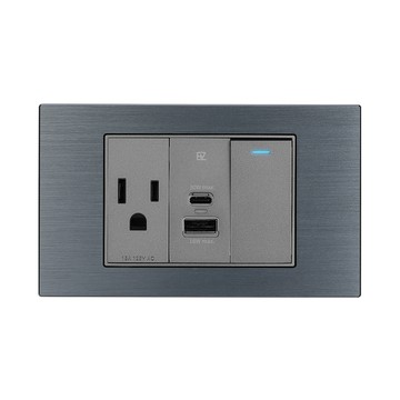 【易智快充】30W USB快充插座面板(AC+USB+LED開關)金屬碳灰