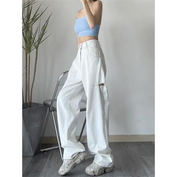 COVANE春夏季破洞高腰直筒牛仔褲