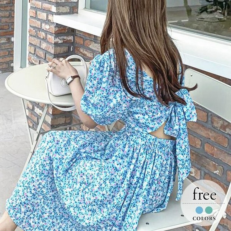 ロングワンピース背中開きウエストマークフェミニン花柄大人かわいいお出かけグリーンレディースブルーデートお出かけファッション 通販 Lineポイント最大0 5 Get Lineショッピング