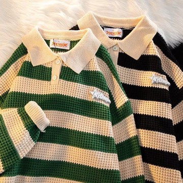 日系慵懶撞色條紋學院風針織衫男套頭潮流百搭翻領長袖上衣男