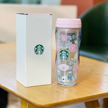 星巴克杯子2026新年禮物清新可愛花朵春日花茶隔雙層塑料帶蓋咖啡隨行喝水杯子