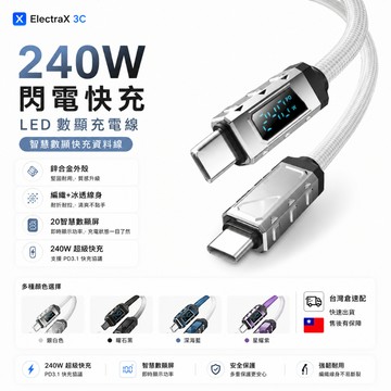 ⚡臺灣12h處理⚡冰晶數顯 240W快充數據綫 適用OPPO水果15 鋅閤金充電綫 傳輸線 pd快充線 編織充電線