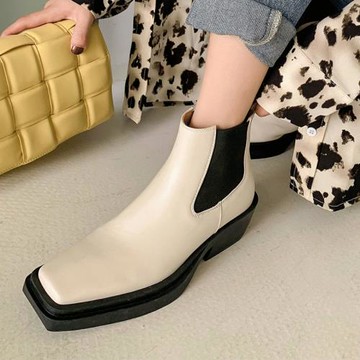 冬季新款復古粗跟切爾西短靴女真皮白色短筒馬丁靴大碼靴子