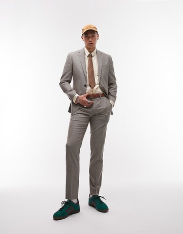 Topman skinny mini checked wedding suit trousers in brown
