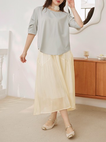 光澤感不規則抽皺腰鬆緊長裙