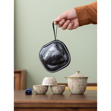 汝窯開片可養旅行快客杯一壺三杯便攜式戶外收納功夫茶具整套禮品