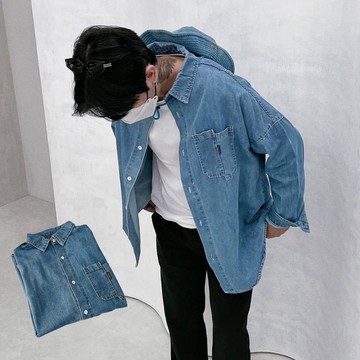 【APPAREL】韓國 寬鬆 牛仔襯衫 長袖襯衫 口袋襯衫