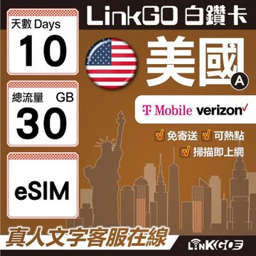 LinkGO白鑽卡 美國A eSIM卡 10天上網卡 總流量30GB  高速流量(美國網卡 舊金山 洛杉磯 紐約 西雅圖)