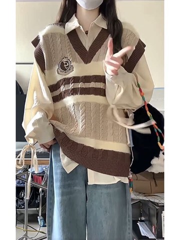 壹禾YIHOO~兩件套裝/春秋新款日系甜美學院風撞色v領針織馬甲顯瘦綁帶襯衫女