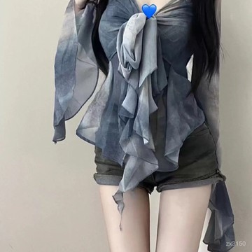 🐻‍特大碼200斤港風喇叭袖長袖遮肚收腰襯衫女胖妹妹上衣純慾顯瘦ins