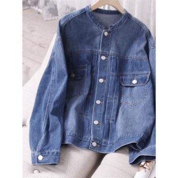 2023秋裝新款時尚休閑牛仔外套女立領毛邊做舊牛仔短外套潮