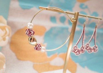 Mizuhiki雙色玉結耳環 手鐲 套組/莫蘭迪酒紅