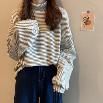 衛衣條紋上衣長袖T恤半高領打底衫女內搭加厚慵懶寬松潮早春新款