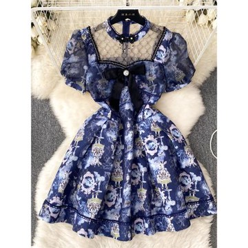 法式立領網紗拼接泡泡袖碎花連衣裙女收腰顯瘦氣質a字裙公主短裙